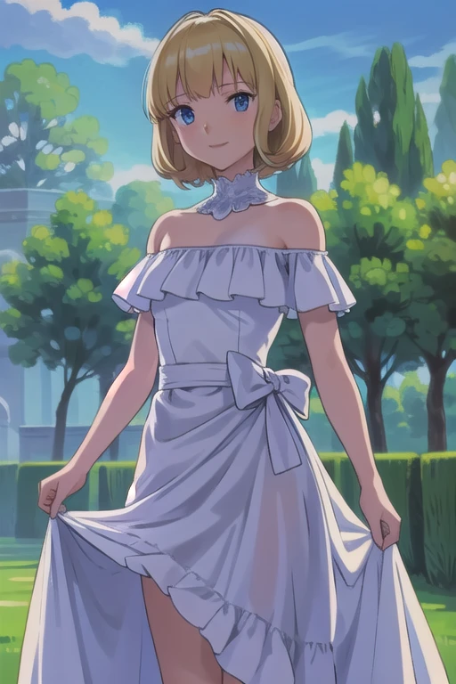 masterpiece, best quality, highres, outdoors, small breasts, 1 girl, Solo, Blue Eyes, Beautiful Detail Eyes, best lighting. Blonde Medium Hair, Short Hair, Bangs, Good hands are down, Smile, Blushing, Bare Neck, Bare Shoulders, strapless, White Ruffle Off-the-Shoulder maxi dress. Standing up. Cowboy shot. A landscape of blue skies, a garden, trees, fields, and a mansion. In the center.
