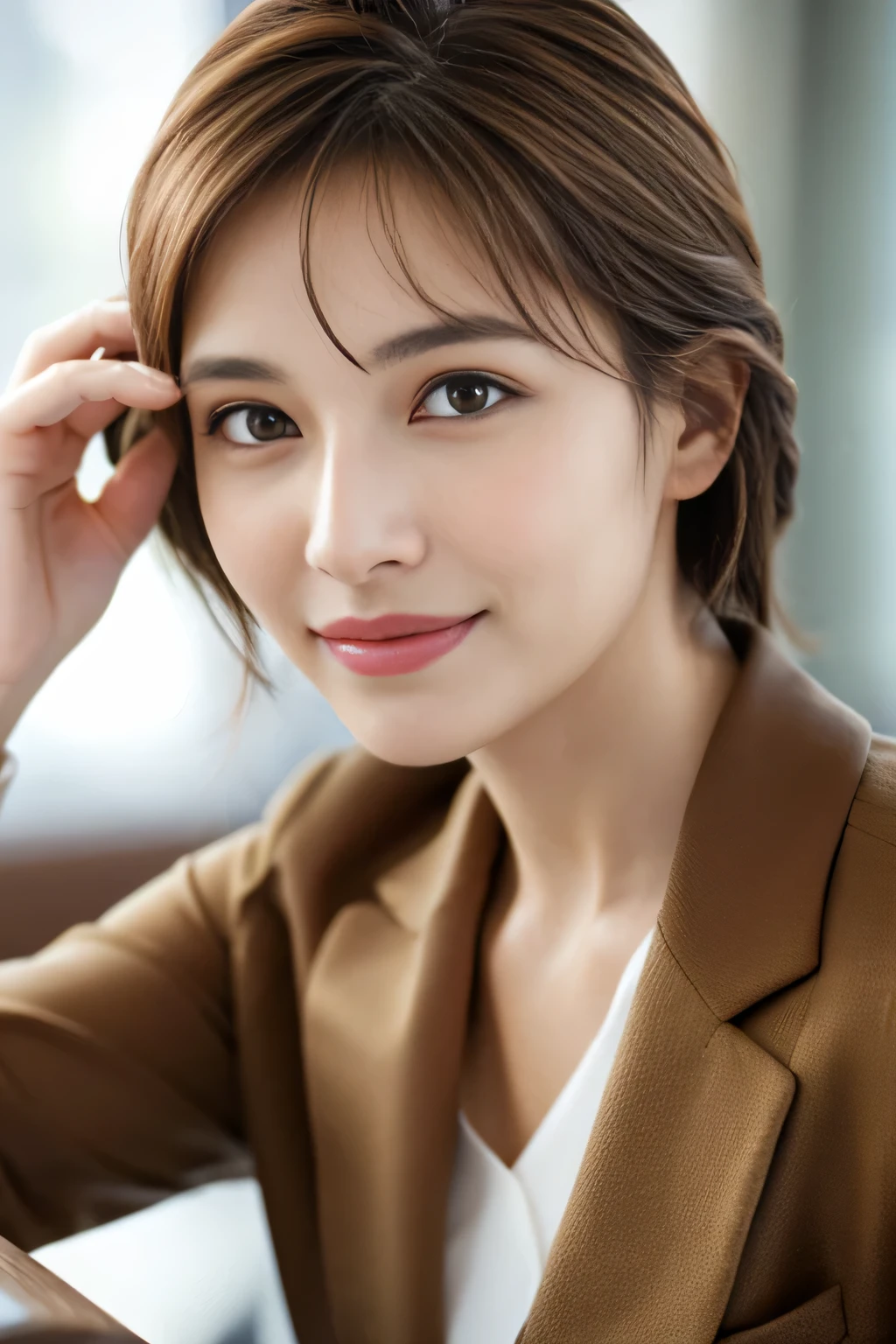 Tabletop, highest quality, Realistic, Very detailed, finely, High resolution, 8k wallpaper, One beautiful woman,, Light brown messy hair, Wear a business suit, Sharp focus, Perfect dynamic composition, Finely beautiful eyes, Thin Hair, Detailed and Realistic skin texture, smile, Close-up portrait, Model Body Type