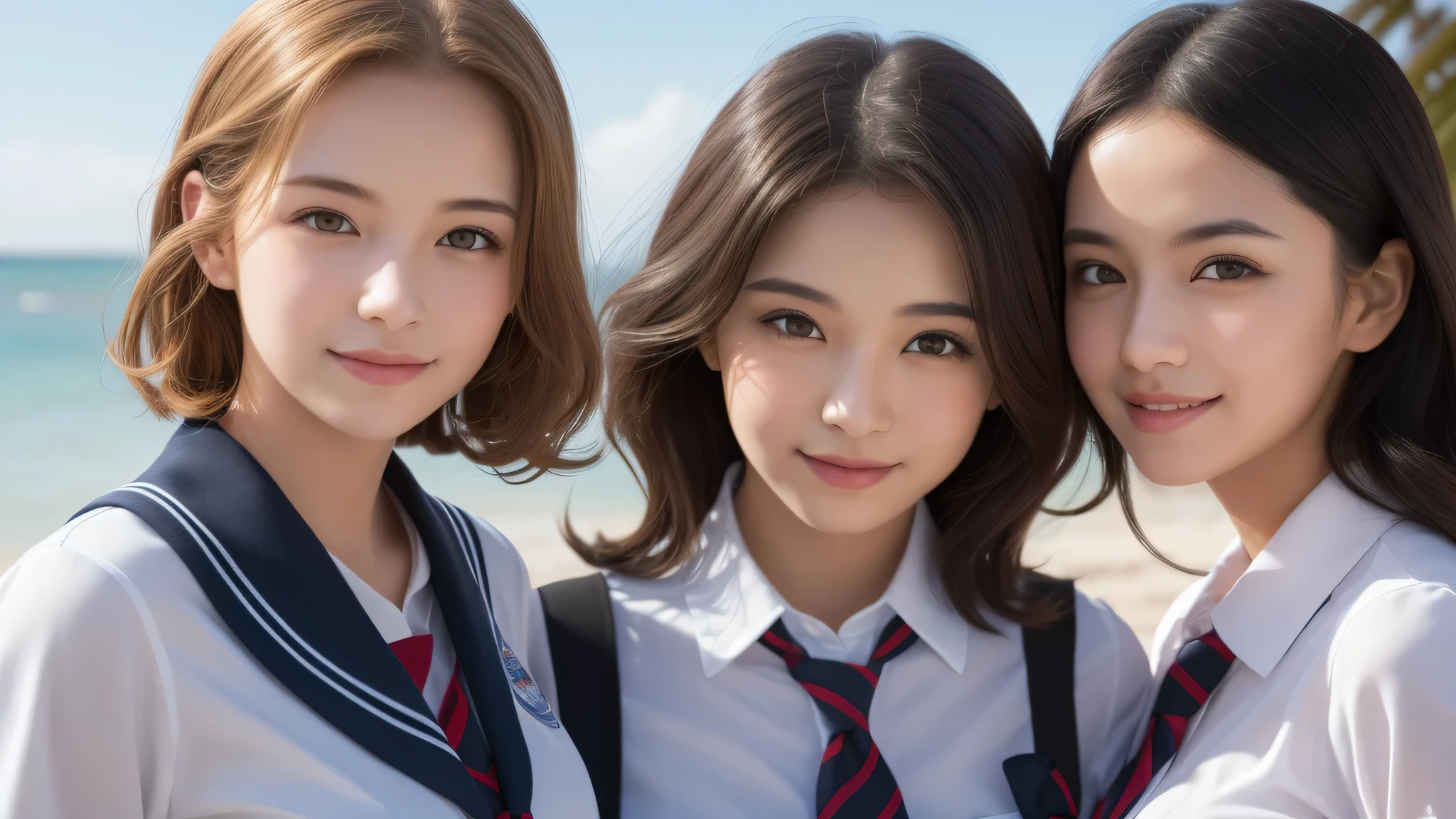 (3girl:1.2), (Hair curled loosely inward:1.3). enchanting smile, (Best Quality:1.4), Realistic, extremely detailed CG unified 8k wallpaper, highly detailed, High-definition raw color photos, professional photography, Realistic portrait, Cinematic Light, Beautiful detailed, Beautiful breasts, (Fine face:1.2), Close up portrait of girl, (high school uniform:1.2), Outdoors, (beach), sun, day,