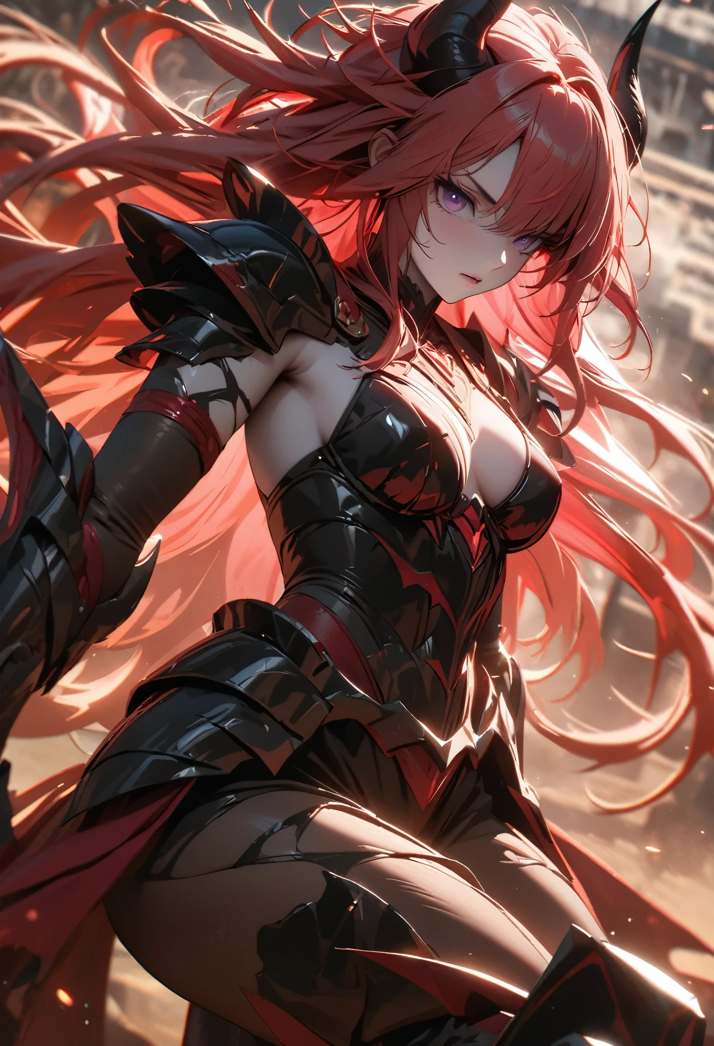 (solo), pinkish red hair, messy hair, mane hair, extra long hair, dense hair, wild hair, eye covering bang, expressive hair, mature, woman, (25 year old), pale skin, purple eyes, curved horns, demon girl, demonic woman, wearing a black armor, armored arms, armored legs, claws,, beautiful, attractive, eye reflection, depth of field, thunder aura,cinematic lighting, ray tracing, depth of field, cinematic lighting, ray tracing, UHD, high details, best quality, highres, high quality, award winning, super detail, masterpiece, 8k, UHD, high details, best quality, highres, high quality, award winning, super detail, masterpiece, 8k, digital art, anime coloring, body shot, good face, perfect face, detailed face, good eyes
