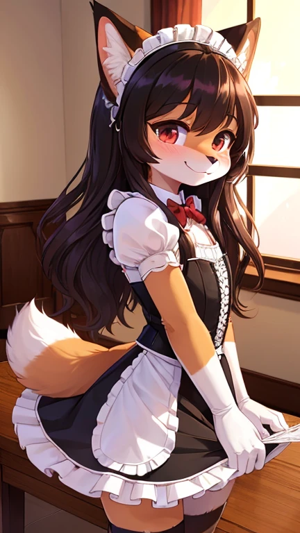 (fluffy anthro furry: 1.6),(young: 1.6),fox girl,mini girl,dark brown long hair,wavy hair,beautiful dining room,clear window,maid headdress,maid outfit,black maid glove,maid stocking,red bowtie,seductive face,smile,looking at viewer,blush,cleaning table