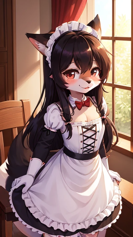 (fluffy anthro furry: 1.6),(young: 1.6),fox girl,mini girl,dark brown long hair,wavy hair,beautiful dining room,clear window,maid headdress,maid outfit,black maid glove,maid stocking,red bowtie,seductive face,smile,looking at viewer,blush,cleaning table