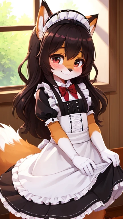 (fluffy anthro furry: 1.6),(young: 1.6),wolf girl,mini girl,blue long hair,light grey fur,wolf tail,beautiful dining room,clear window,maid headdress,maid outfit,black maid glove,maid stocking,red bowtie,seductive face,smile,open mouth,looking at viewer,blush,cleaning window,high angle