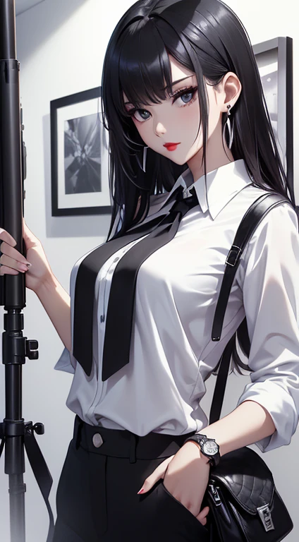 top-quality、Top image quality、masterpiece、age girl((White shirt、Long black trousers、18year old、 Ager、Best Bust、big bast,Black eyes, Black hair、A slender,Large valleys、Not enough red lipstick eyeshadow、Cute earrings、Silver Watch、sexypose、Bring your chest together、Stylish shoulder bag)),hiquality、Beautiful Art、Background with((white wall for photography、Multiple cameras、Shooting range))masterpiece、depth of fields,Cinematic style