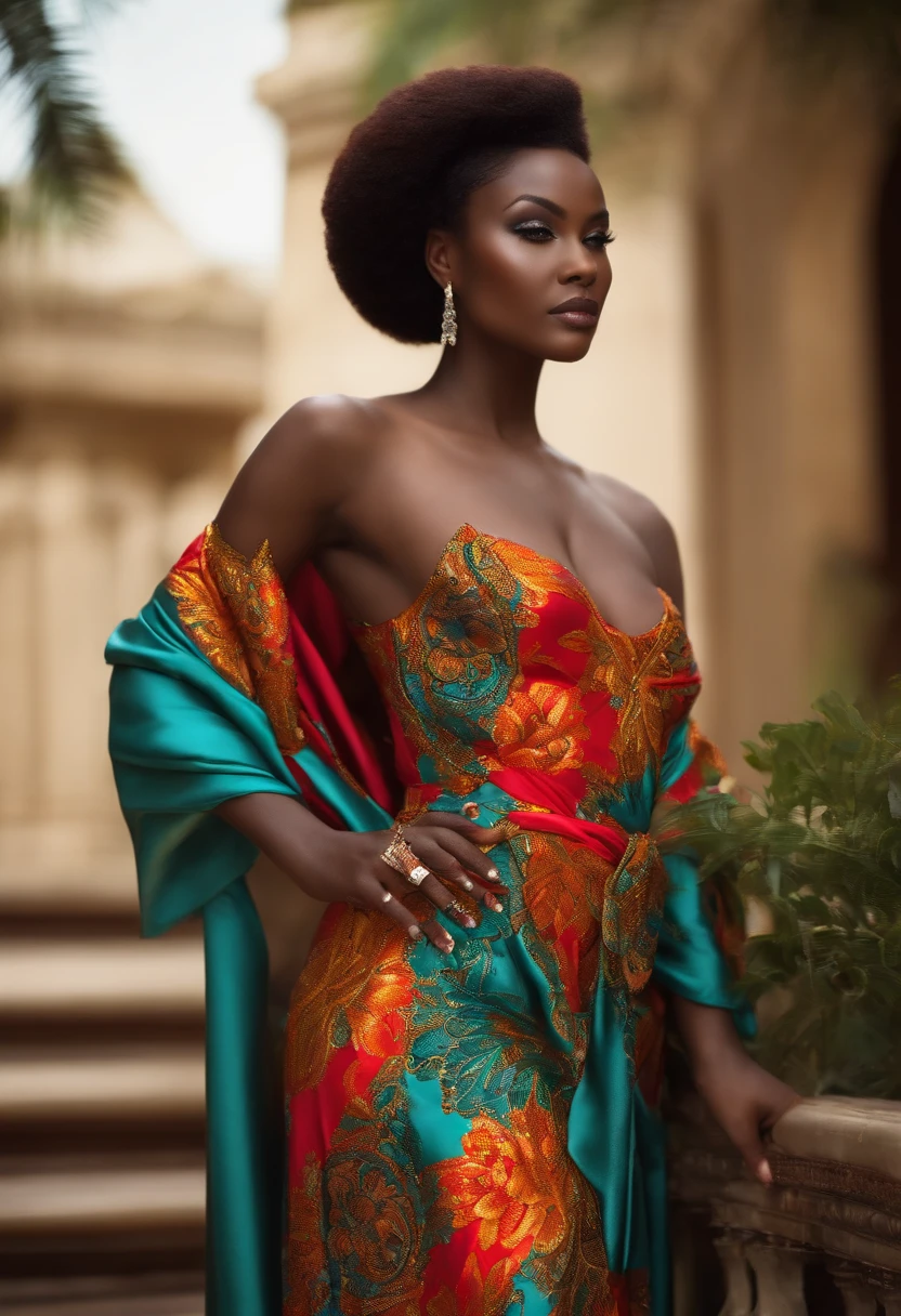 femme afrcaine , sexy well shaped , dark complexion , debout , robe courte