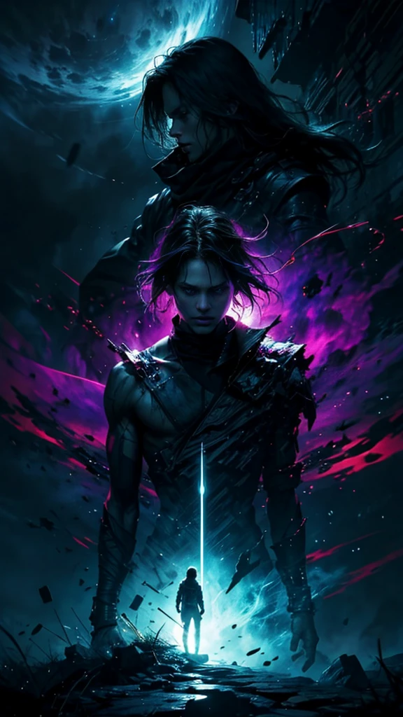 low view, an image inspired by the lyrics of "The Kill" by 30 Seconds to Mars. Focus on the themes of internal struggle, confrontation, and self-discovery portrayed in the song. The image should convey a sense of emotional intensity and introspection. Consider incorporating elements such as a figure in conflict with themselves or their surroundings, intense facial expressions, and symbolic imagery representing inner turmoil and the search for identity. Use vibrant yet somber colors to evoke a mood of tension and resolution. night, dark, raytraced