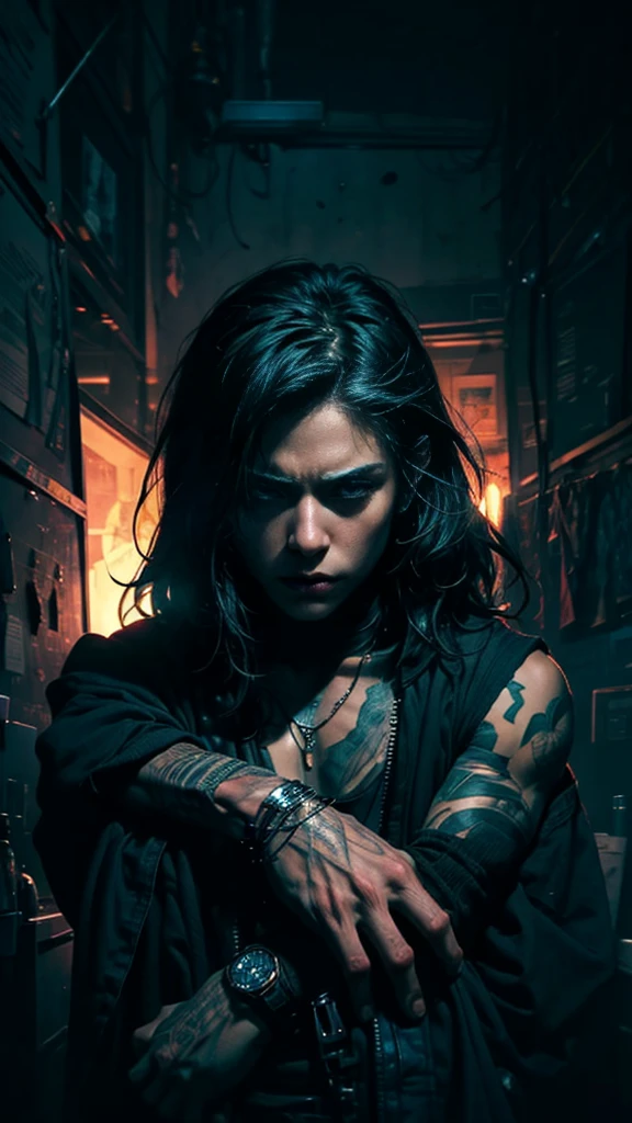 low view, an image inspired by the lyrics of "The Kill" by 30 Seconds to Mars. Focus on the themes of internal struggle, confrontation, and self-discovery portrayed in the song. The image should convey a sense of emotional intensity and introspection. Consider incorporating elements such as a figure in conflict with themselves or their surroundings, intense facial expressions, and symbolic imagery representing inner turmoil and the search for identity. Use vibrant yet somber colors to evoke a mood of tension and resolution. night, dark, raytraced