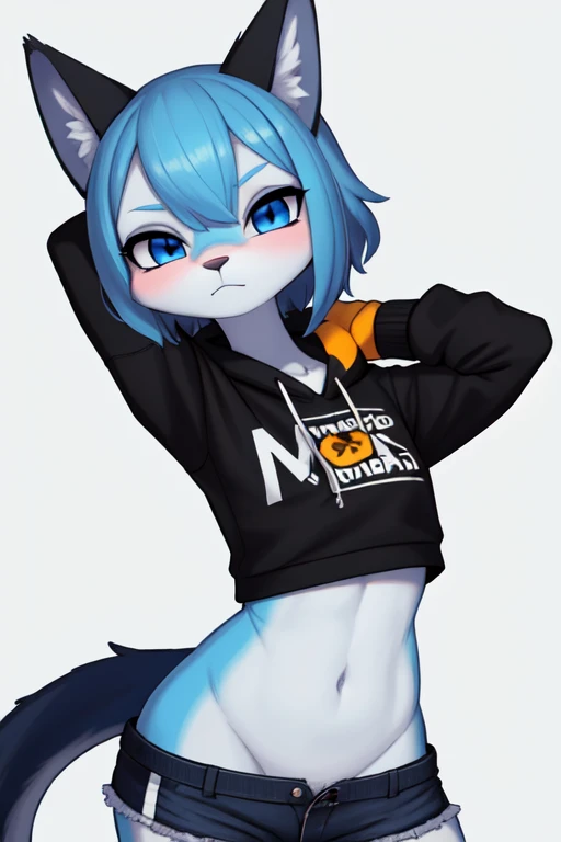 **Nombre del Personaje**: Max
**Especies**: anthropomorphic / Furry gato
**Pelaje**: Azul brillante azul fuerte  con acentos oscuros y amarillos
**expression**: Playful and energetic
**Vestimenta**: Sudadera amarilla  y negra y shorts negros
**Postura**: Completa, mostrando todo el cuerpo hombre,sexy,pechos,grandes.
