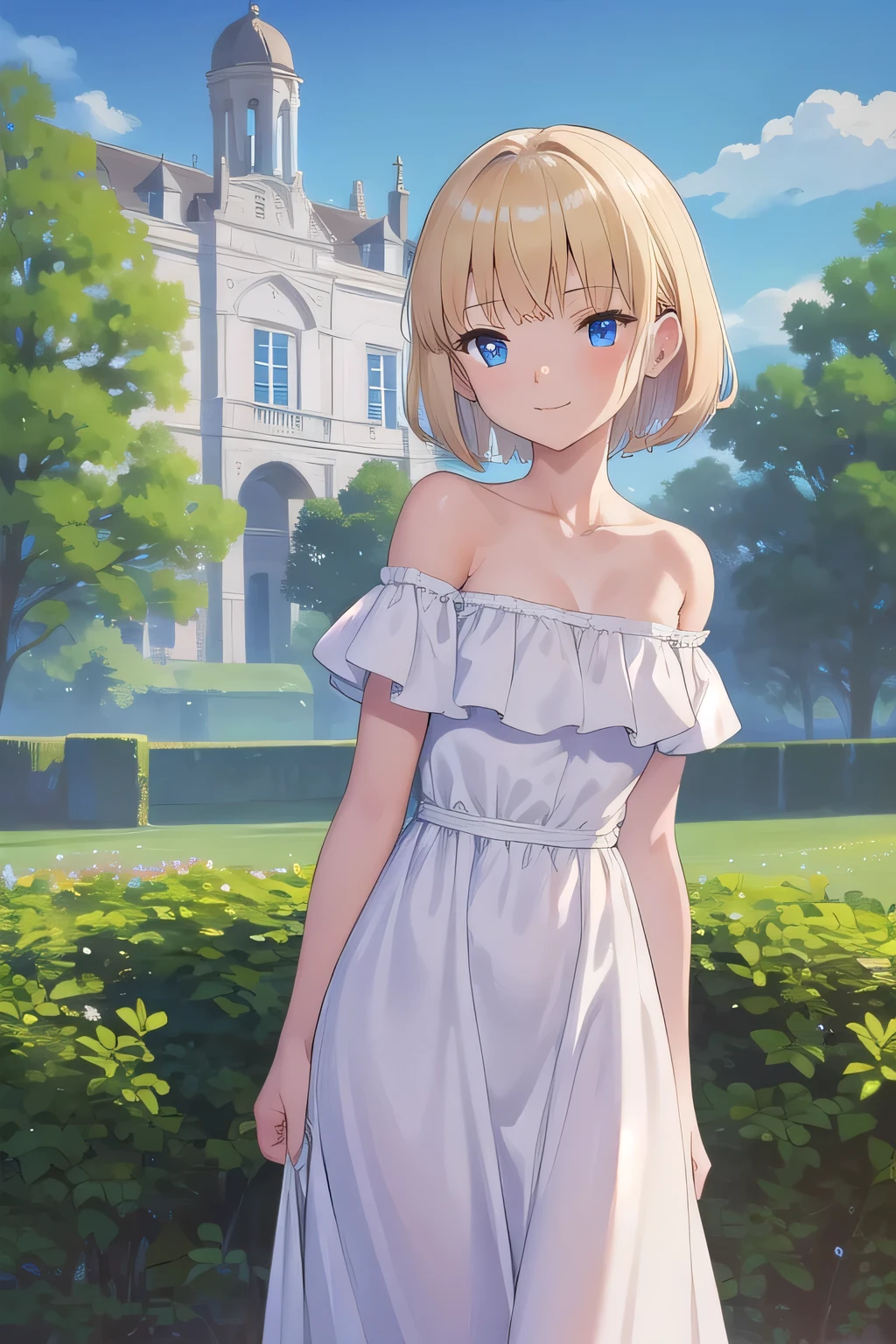 masterpiece, best quality, highres, outdoors, small breasts, 1 girl, Solo, Blue Eyes, Beautiful Detail Eyes, best lighting. Blonde Medium Hair, Short Hair, Bangs, Good hands are down, Smile, Blushing, Bare Neck, Bare Shoulders, strapless, White Ruffle Off-the-Shoulder maxi dress. Standing up. Cowboy shot. A landscape of blue skies, a garden, trees, fields, and a mansion. In the center.