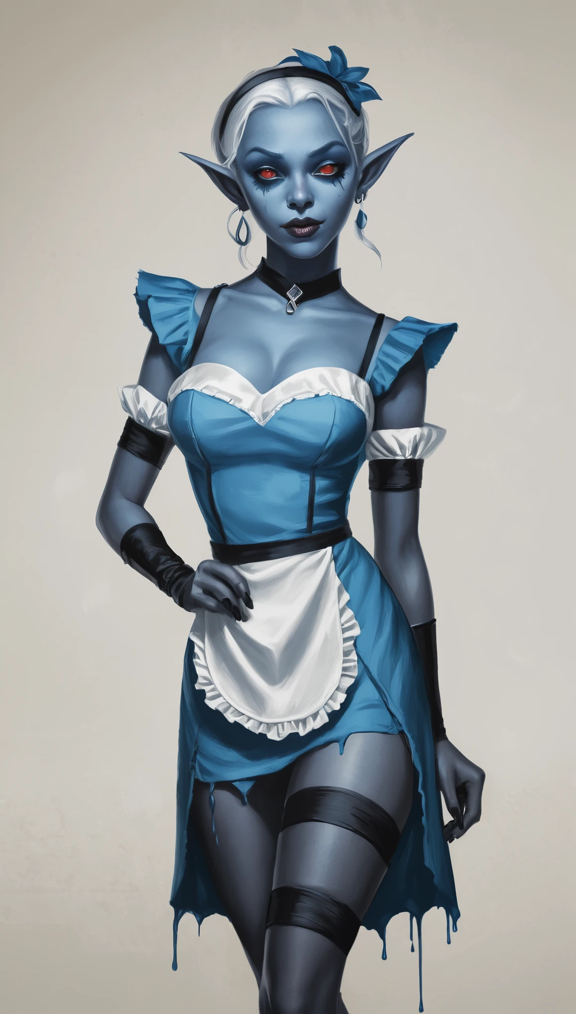 An illustrated movie poster, hand-drawn, full color, a young drow woman, drow elf, wearing a maid mini-dress, blue skin, blue complexion, busty, curvy, hourglass figure, pointy elf ears, ruby eyes, dark hair, shaggy bob, posing like a model, hard shadows, graphite shading, stencil marks, airbrushed acrylic paint, masterpiece, in the style of Rockstar Games