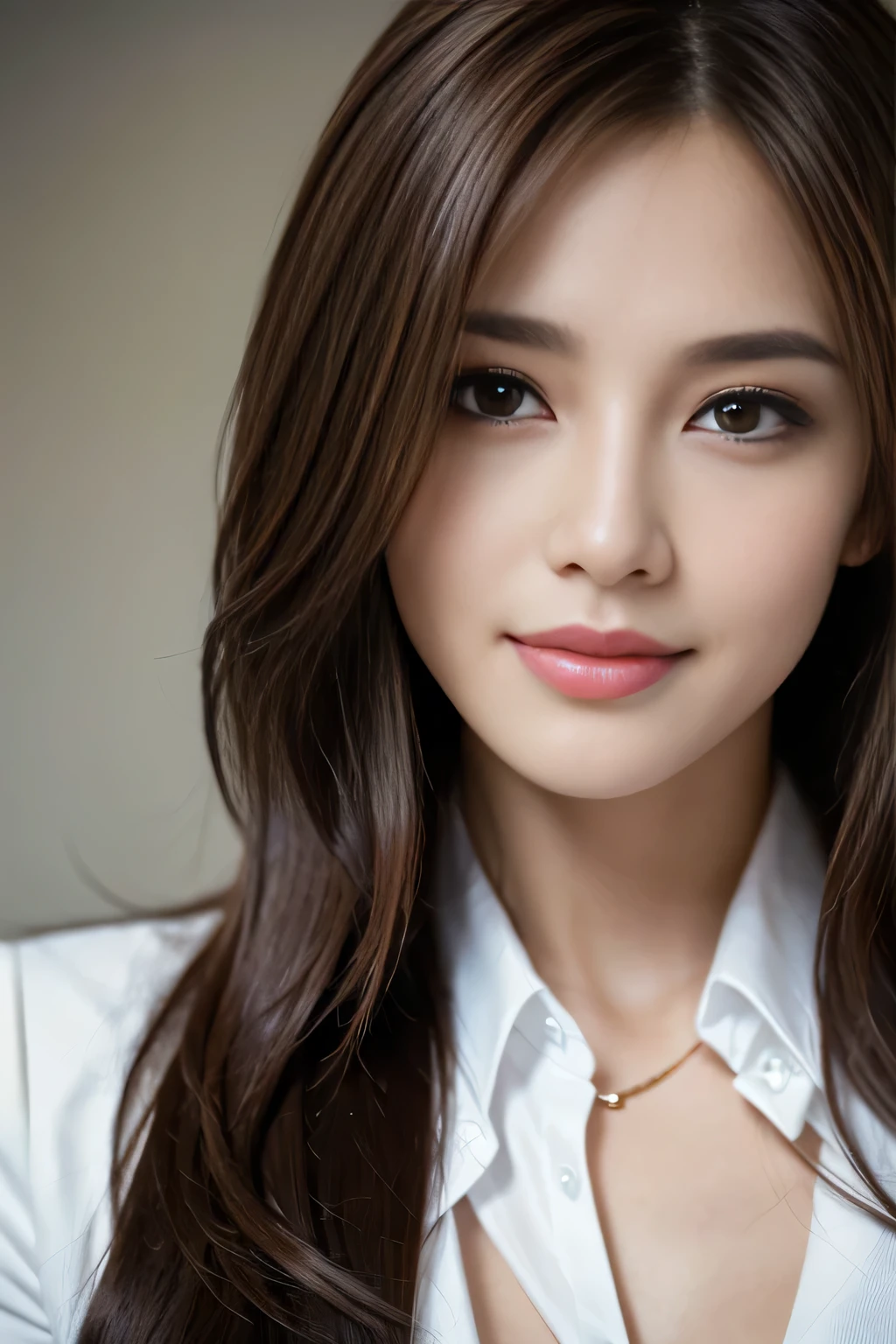 Tabletop, highest quality, Realistic, Very detailed, finely, High resolution, 8k wallpaper, One beautiful woman,, Light brown messy long hair, Wear a business suit, Sharp focus, Perfect dynamic composition, Finely beautiful eyes, Thin Hair, Detailed and Realistic skin texture, smile, Close-up portrait, Model Body Type
