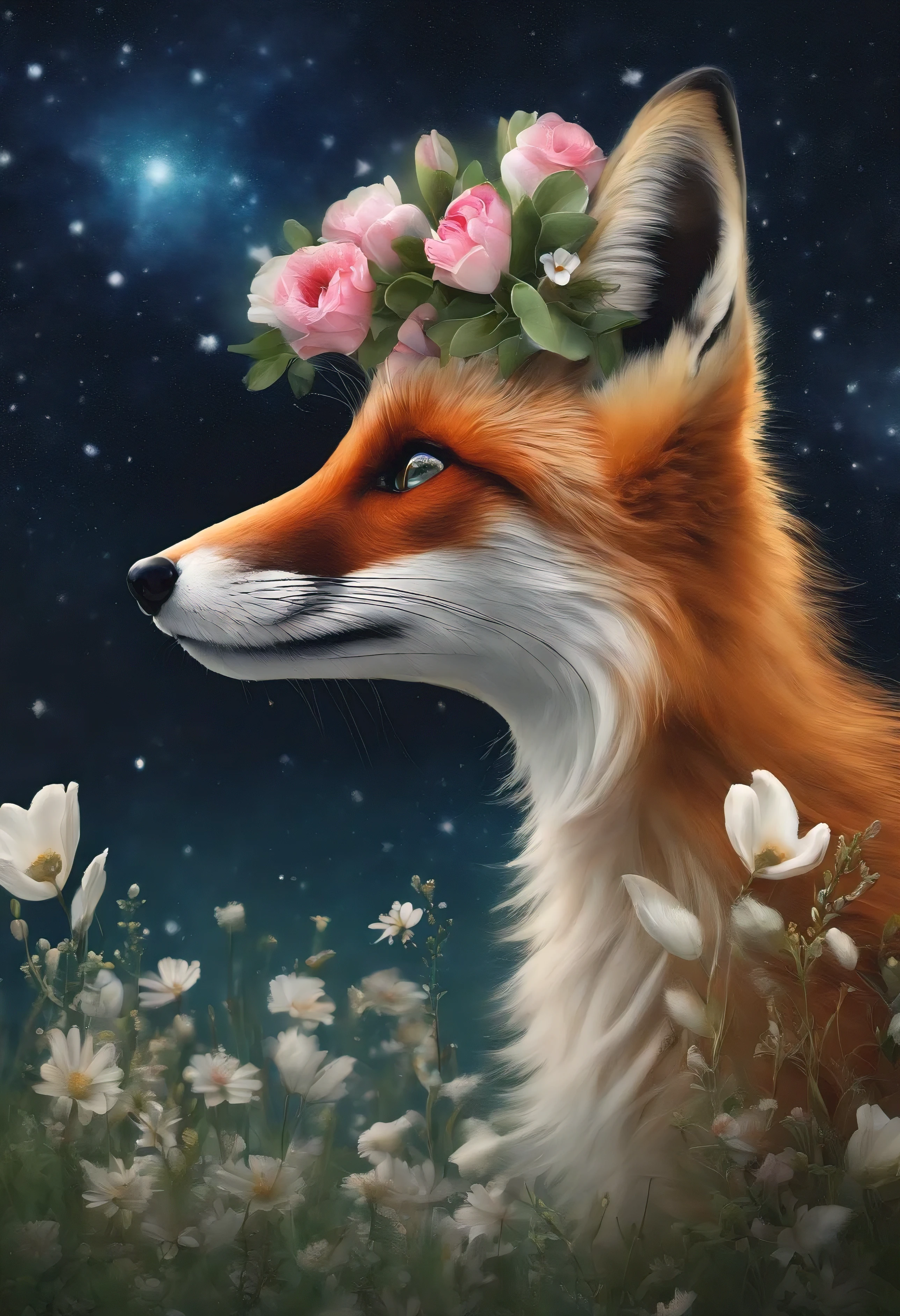 A beautiful white-red fox with four tails in a flower meadow looks into the starry sky with splashes of glowing water.,Magnetic storms, night, starry sky sea, Beautiful white and red fox with four tails in the starry sky, Jean-Baptiste Monge, anthropomorphic --ar 2:3 --testp - optimistic; straight hair