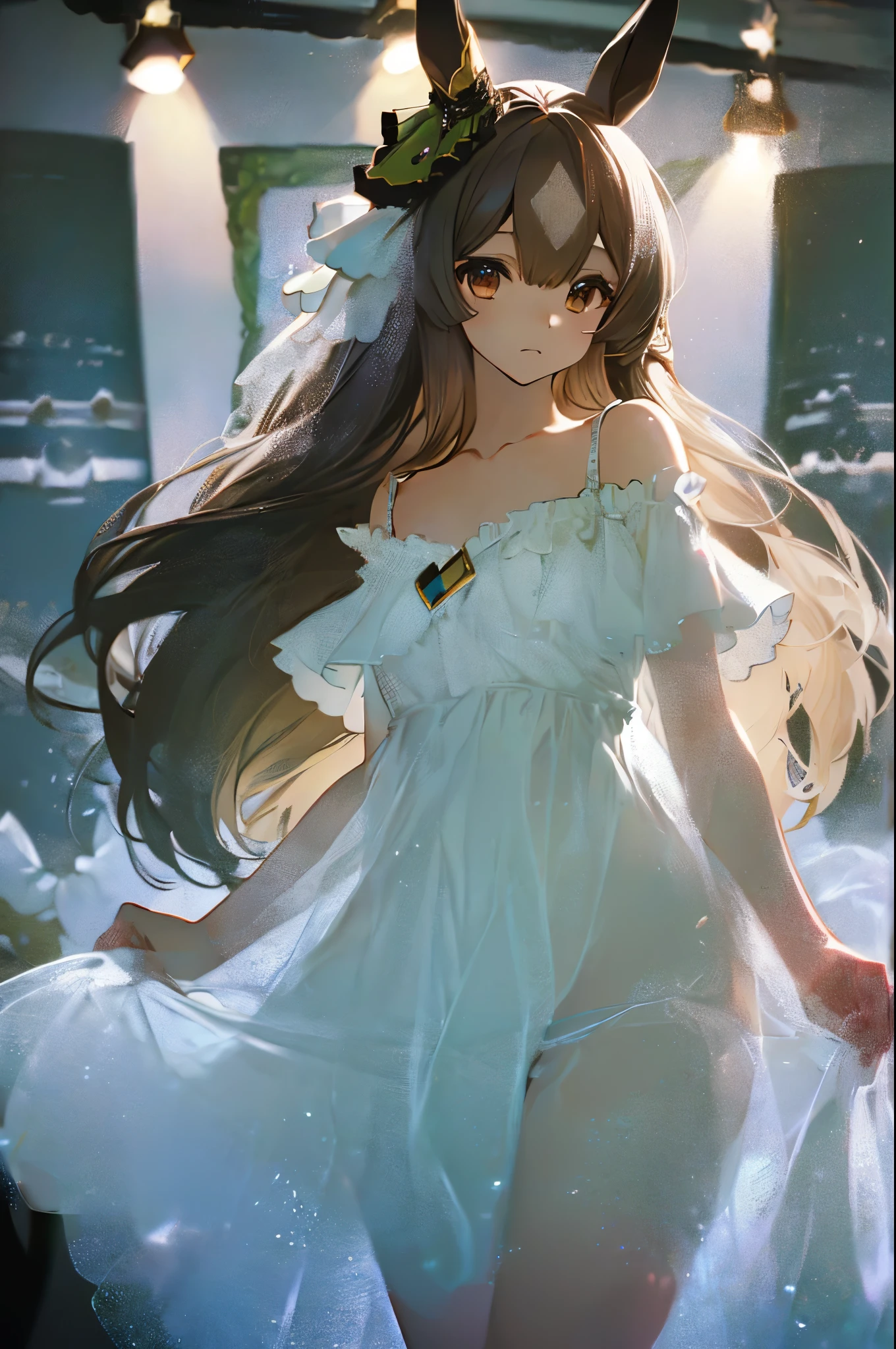 satono diamond,umamusume、Wearing a light-colored dress、Girl with white panties showing,((Small Bust)),(highest quality、4k、8k、High Resolution、masterpiece:1.2)、Super detailed、(Photorealistic:1.37)、Portrait、Sharp Focus、feminine、delicate、White skin、Subtle curves、Gentle expression、Soft lighting、Bright colors、Artistic atmosphere