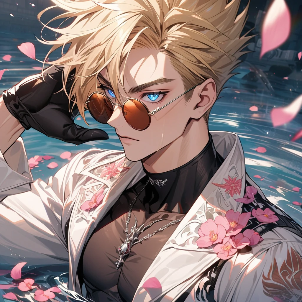 Ultra detailed, Highres, absurdres, Vash Stampede, blond hair, blue eyes, amber round sunglasses, white long coat with patterns, Trigun, pink flowers, petals, extremely handsome, sexy man, toned chest, solo, very detailed eyes and face, black gloves, water, pink butterflies, black tight t-shirt,