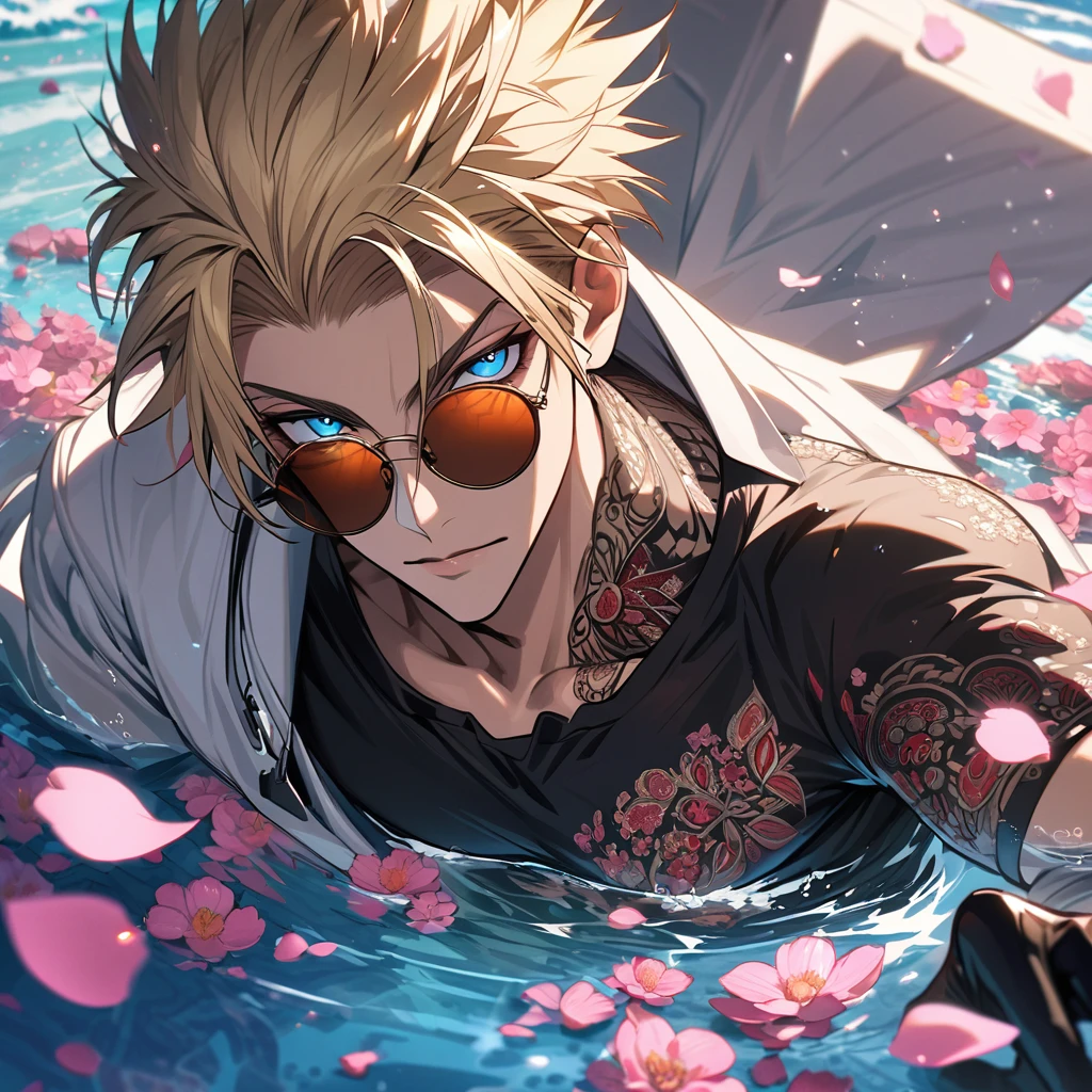 Ultra detailed, Highres, absurdres, Vash Stampede, blond hair, blue eyes, amber round sunglasses, white long coat with patterns, Trigun, pink flowers, petals, extremely handsome, sexy man, toned chest, solo, very detailed eyes and face, black gloves, water, pink butterflies, black tight t-shirt,