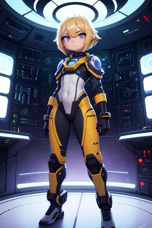 (chica joven, 12 years old, pelo rubio, fotorrealista, pale skin), (amarillo (eyes:1.2)), (Slim build:1.3), (fantasy ESPACIO suit), Hermoso rostro, symmetrical face, Greg Rutkowski, Wlop y Sam Kuvshinov, (pelo largo), blonde eyelashes, iris grande, pupila grande, cuerpo completo, standing at the bottom of the cosmodrome, art station, 8k, Science fiction, colores pasteles, accesorios, panel, concepto, futuristic, grumble, Simon Staalhag, ESPACIO, in outer ESPACIO, a ESPACIOship in the sky, technological blocks