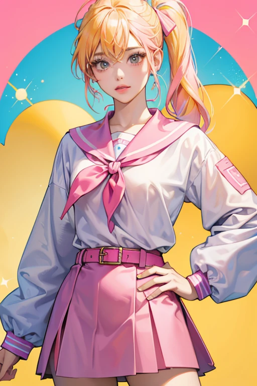She is a sky blue with pink lips and yellow hair tied into two ponytails who wears a pink shirt with a red handkerchief and a hot pink skirt with a brown belt. SPARKLE; GLITTER