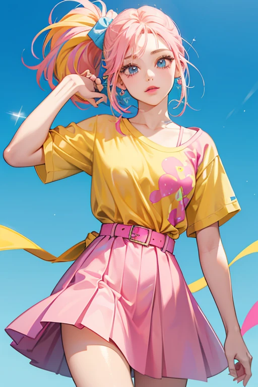 She is a sky blue  with pink lips and yellow hair tied into two ponytails who wears a pink shirt with a red handkerchief and a hot pink skirt with a brown belt. SPARKLE; GLITTER