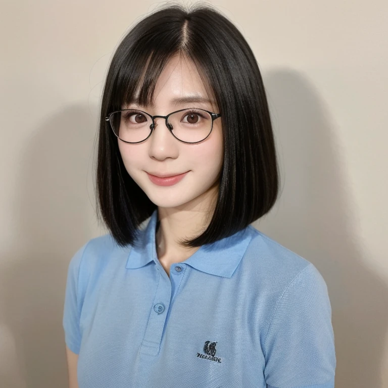 (kawaii 24year-old Japanese girl, Nogizaka idol, Korean idol), (glossy black hair, medium bob cut:1.3), (rounded face, black eyes, single eyelid, no makeup, soft smiling:1.2), (wearing glasses, light blue polo shirt:1.3), (flat chest, extra small breasts:0.8), (looking at viewer:1.2), BREAK, (simple white background:1.3), (view from forward, portrait, close shot:1.3), BREAK, (masterpiece, best quality, photo realistic, official art:1.4), (UHD, 8K quality wallpaper, high resolution, raw photo, golden ratio:1.2), (shiny skin), professional lighting, physically based rendering, award winning, (perfect anatomy, highly detailed skin, extremely detailed face and eyes), Carl Zeiss 85 mm F/1.4, depth of field, 1girl, solo,