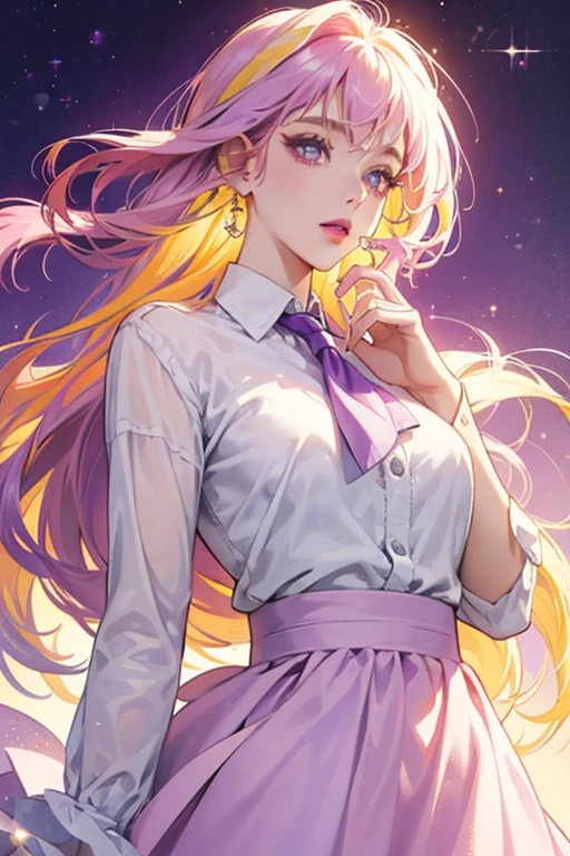 She is a lavender with purple lips and yellow hair who wears a white shirt with a pale pink handkerchief and a hot pink skirt. SPARKLE; GLITTER