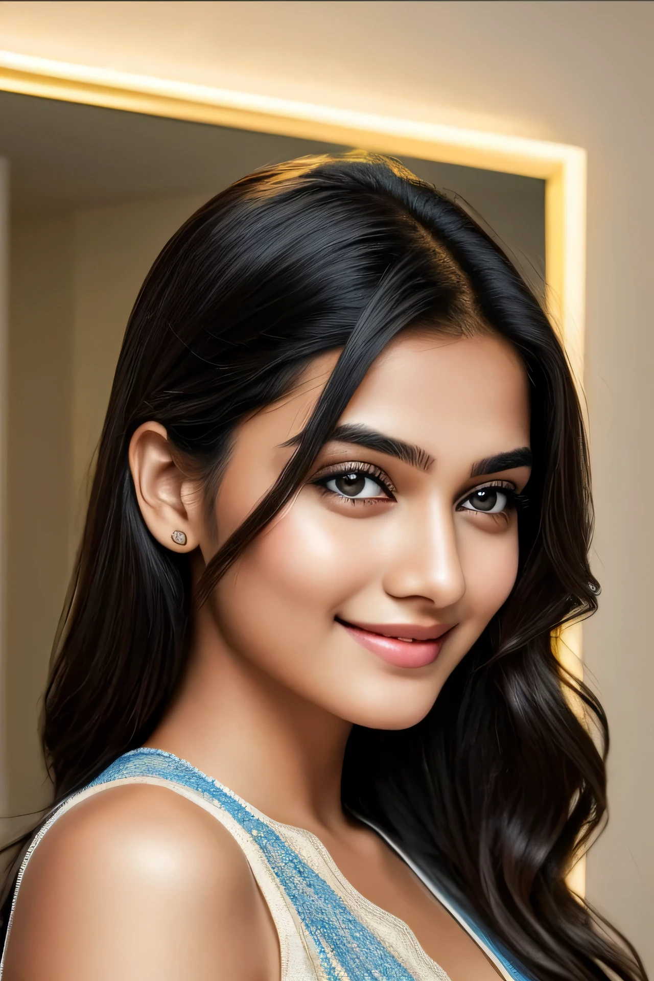 The face of an Indian young girl, age 21 with fair skin and black-blonde hair. She has striking almond-shaped detailed eyes, a straight, delicate nose, and full lips that curve into a gentle smile. Her black-blonde hair frames her face in soft waves, with subtle highlights that catch the light. Her eyebrows are well-defined, accentuating her expressive eyes, and her complexion is clear and radiant, reflecting her natural beauty, sexy , age 21, realistic pic, stylish face, good smile , realistic beauty, full body