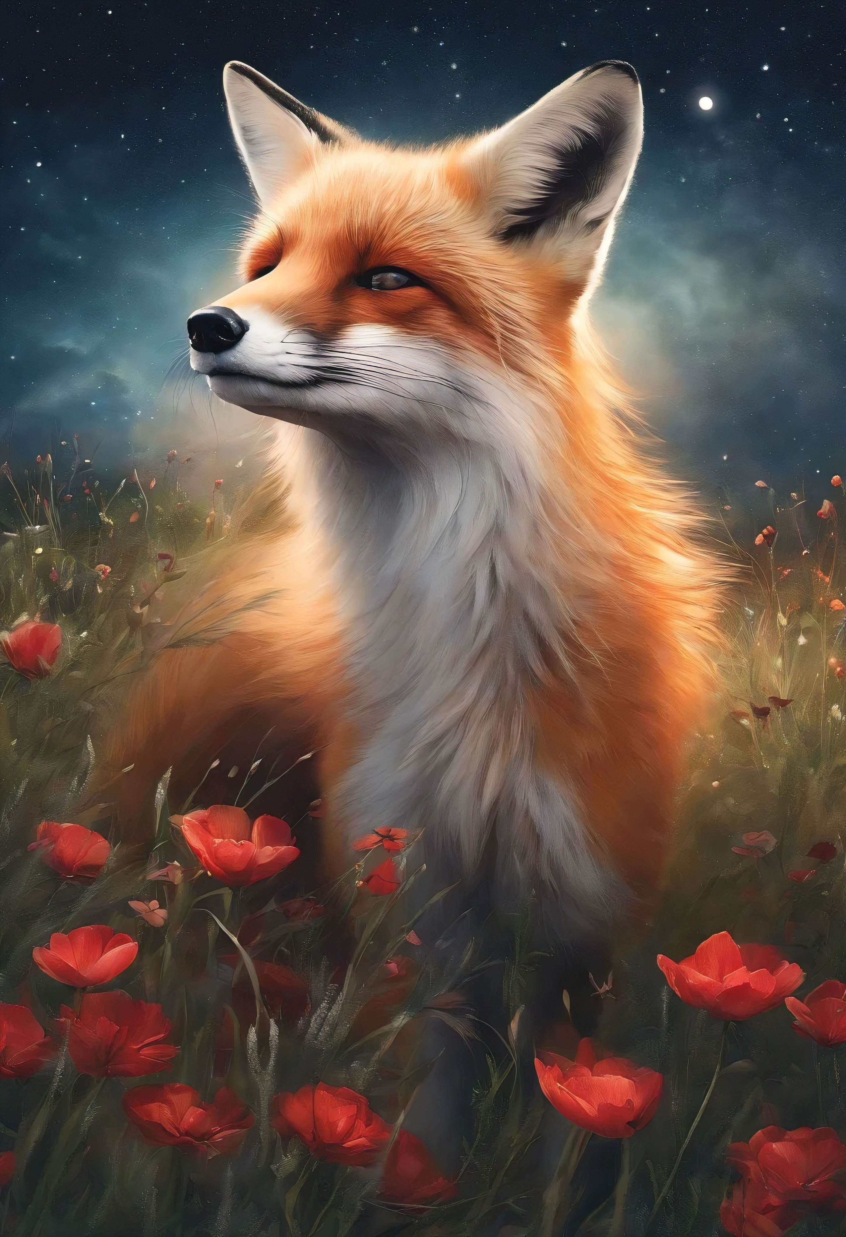 A beautiful white-red fox with four tails in a flower meadow looks into the starry sky with splashes of glowing water.,Magnetic storms, night, starry sky sea, Beautiful white and red fox with four tails in the starry sky, Jean-Baptiste Monge, anthropomorphic --ar 2:3 --testp - optimistic; straight hair