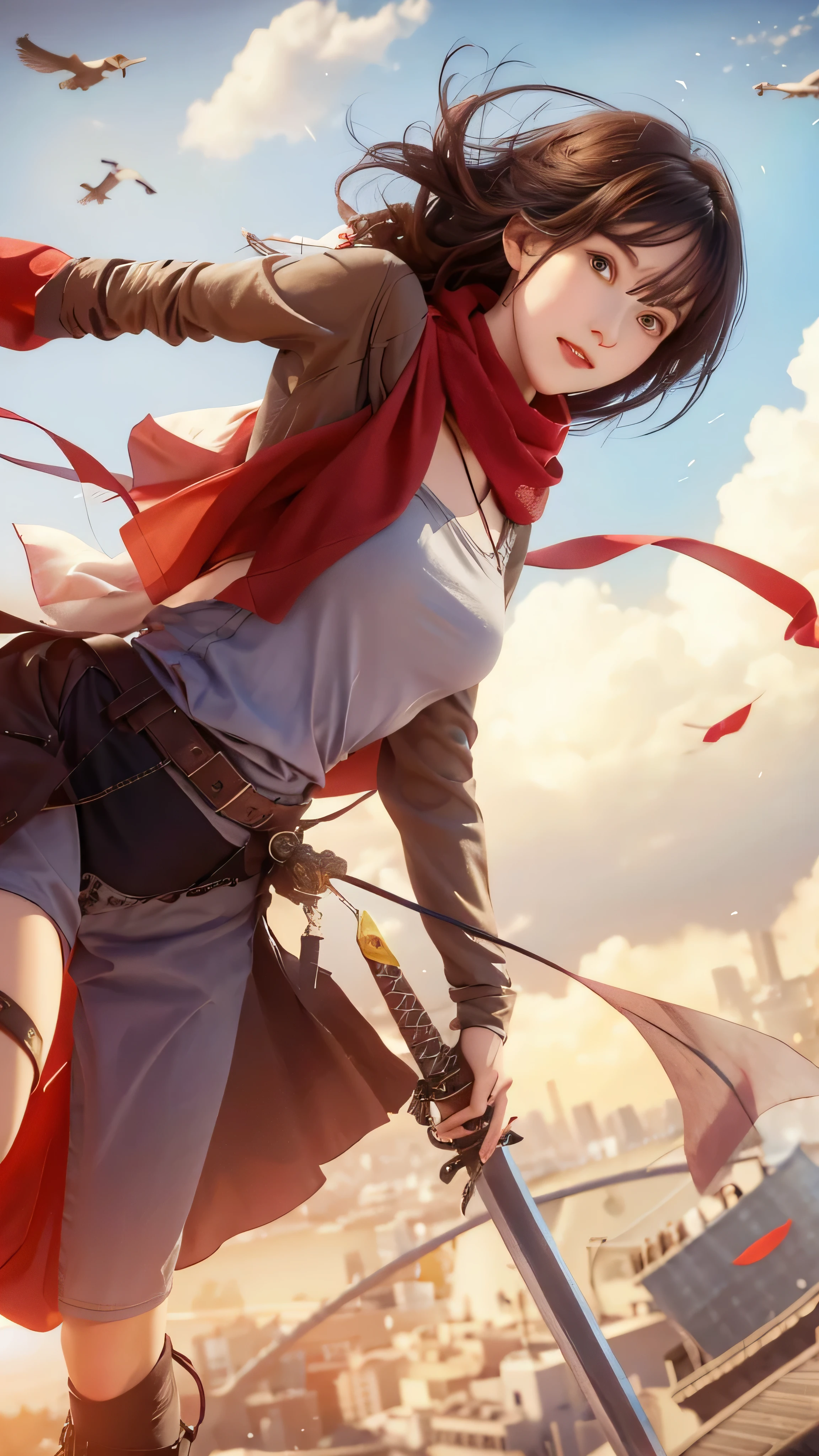 Beautiful girl with sword and red scarf flying over city, 