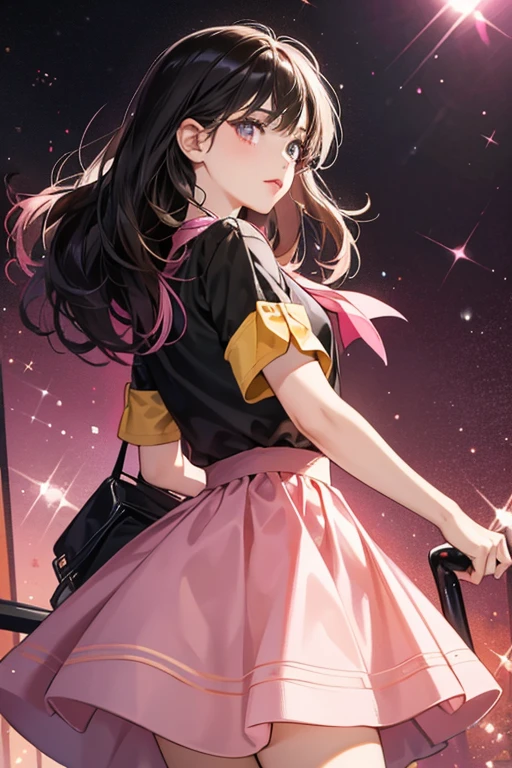 She is a pink with dark pink lips and black hair who wears a yellow shirt with a red handkerchief and a brown skirt. SPARKLE; GLITTER