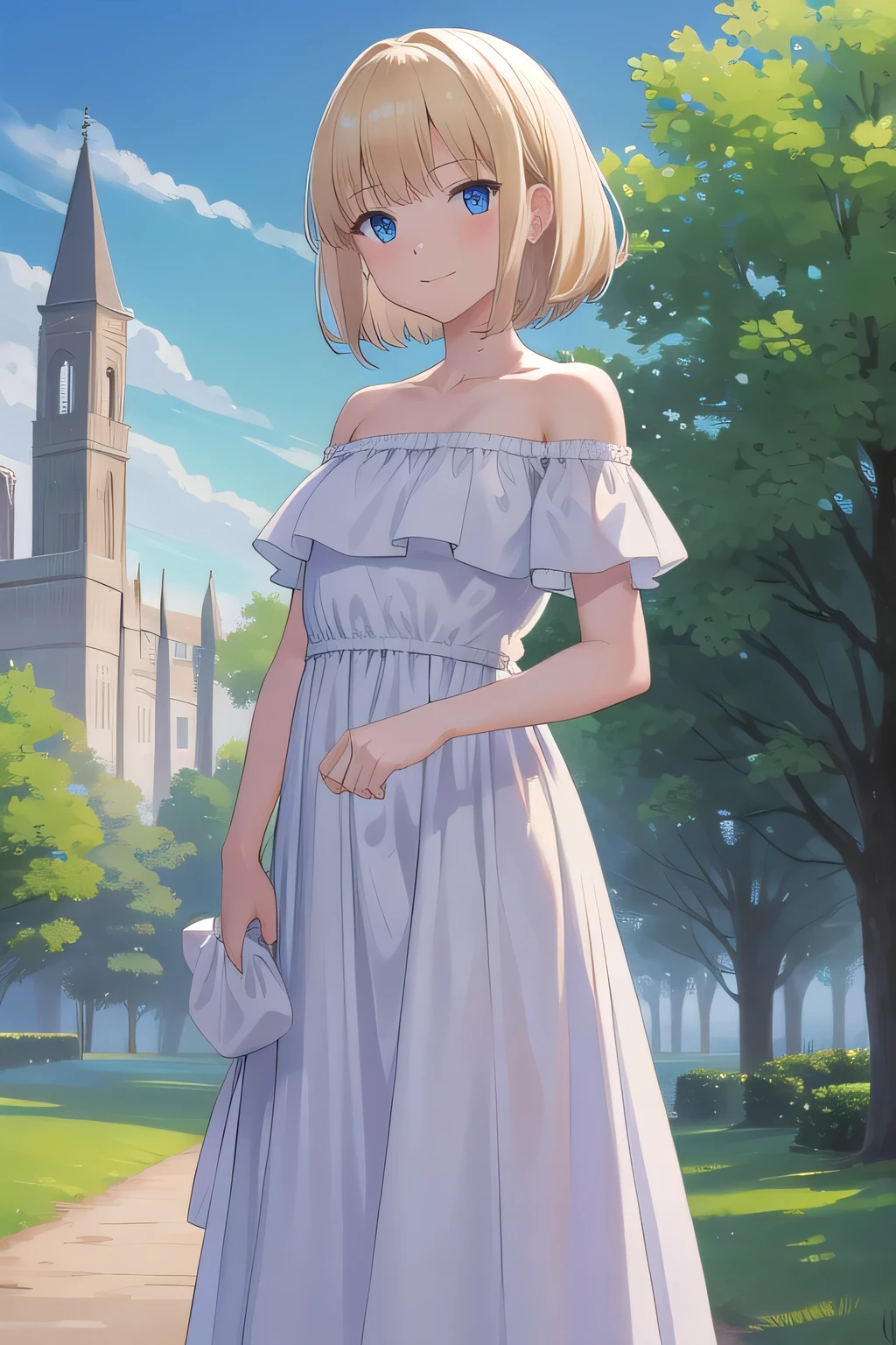 masterpiece, best quality, highres, outdoors, small breasts, 1 girl, Solo, Blue Eyes, Beautiful Detail Eyes, best lighting. Blonde Medium Hair, Short Hair, Bangs, Good hands are down, Smile, Blushing, Bare Neck, Bare Shoulders, strapless, White Ruffle Off-the-Shoulder maxi dress. Standing up. Cowboy shot. A landscape of blue skies, a garden, trees, fields, and a mansion. In the center.