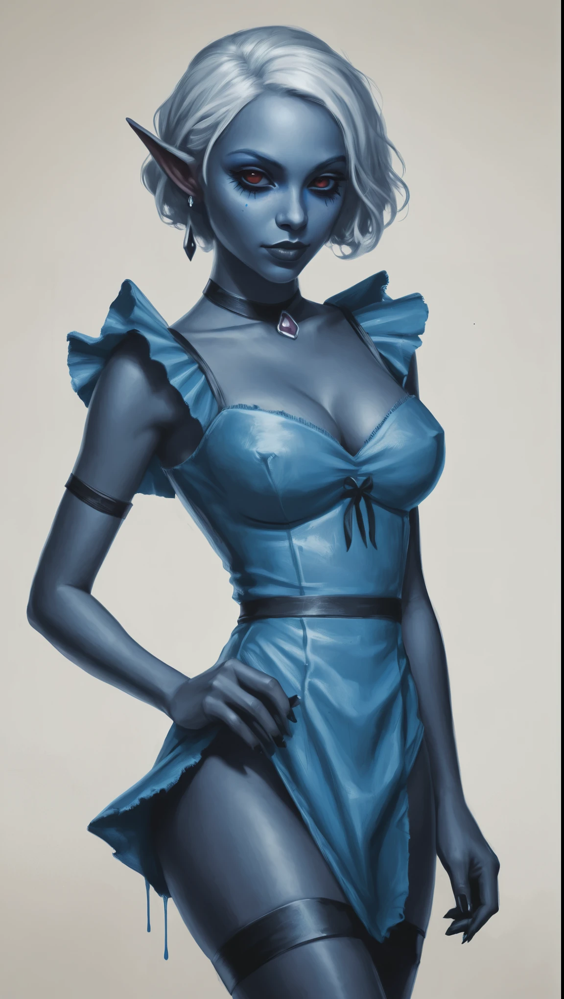 An illustrated movie poster, hand-drawn, full color, a young drow woman, drow elf, wearing a maid mini-dress, blue skin, blue complexion, busty, curvy, hourglass figure, pointy elf ears, ruby eyes, dark hair, shaggy bob, posing like a model, hard shadows, graphite shading, stencil marks, airbrushed acrylic paint, masterpiece, in the style of Rockstar Games