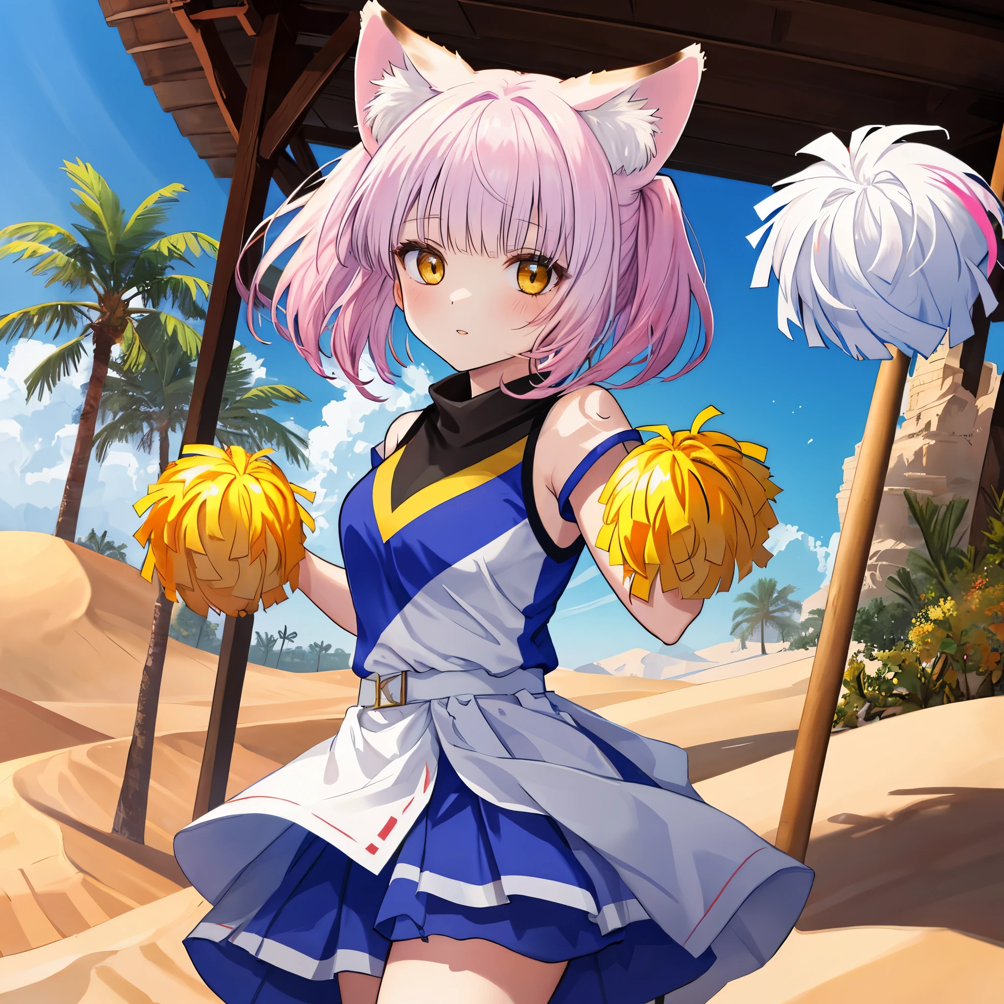 Theme: An angel of the desert, a 23-year-old beast-girl who is as cute as a sand cat (with sand cat's animal ears and tail). She is a very glamorous cheerleader (holding pom-poms in both hands)
- **Number of Characters**: 1
- **Worldview**: Fusion of anime and manga, oasis in the desert
- **Body Type**: Short height, compact body, adorable appearance
- **Costume**: Cheerleader uniform, holding pom-poms
- **Costume Color**: Bright pink and white
- **Hairstyle**: Long hair as the main, incorporating elements of ponytail, twin tails, bob cut arranged hair
- **Hair Color**: Golden
- **Presence and Details of Wings**: None
- **Props**: Pom-poms
- **Emotion**: Energetic and bright
- **Movement**: Cheerleading pose
- **Perspective**: View from the front
- **Composition**: Character placed in the center
- **Background**: Oasis in the desert
- **Lighting**: Light of the setting sun
- **Style**: High-resolution official artwork, or very detailed and elaborate fan art style that is trending on ArtStation or Pixiv. Please refer to the original paintings of Kushaart Krentz, feminine style, Fate style, Enako style, Nozomi Sasaki style, Kanna Hashimoto style. Incorporate real anime 2.5D style or real anime girls style
- **Quality Improvement**: Aim for absurd, highest quality, real, hyper-real, ultra-detailed illustrations using the golden ratio 1.2 and drafting board 1.3. Create a beautiful masterpiece with a large file size created in 64K. The resolution of the face is also high, and the lighting is perfectly finished. Resolution is 8K, ultra-high resolution: 1.2, selectable high resolution (HD, 4K, 8K, 16K, etc.). Color bit depth is 24 bits, 48 bits