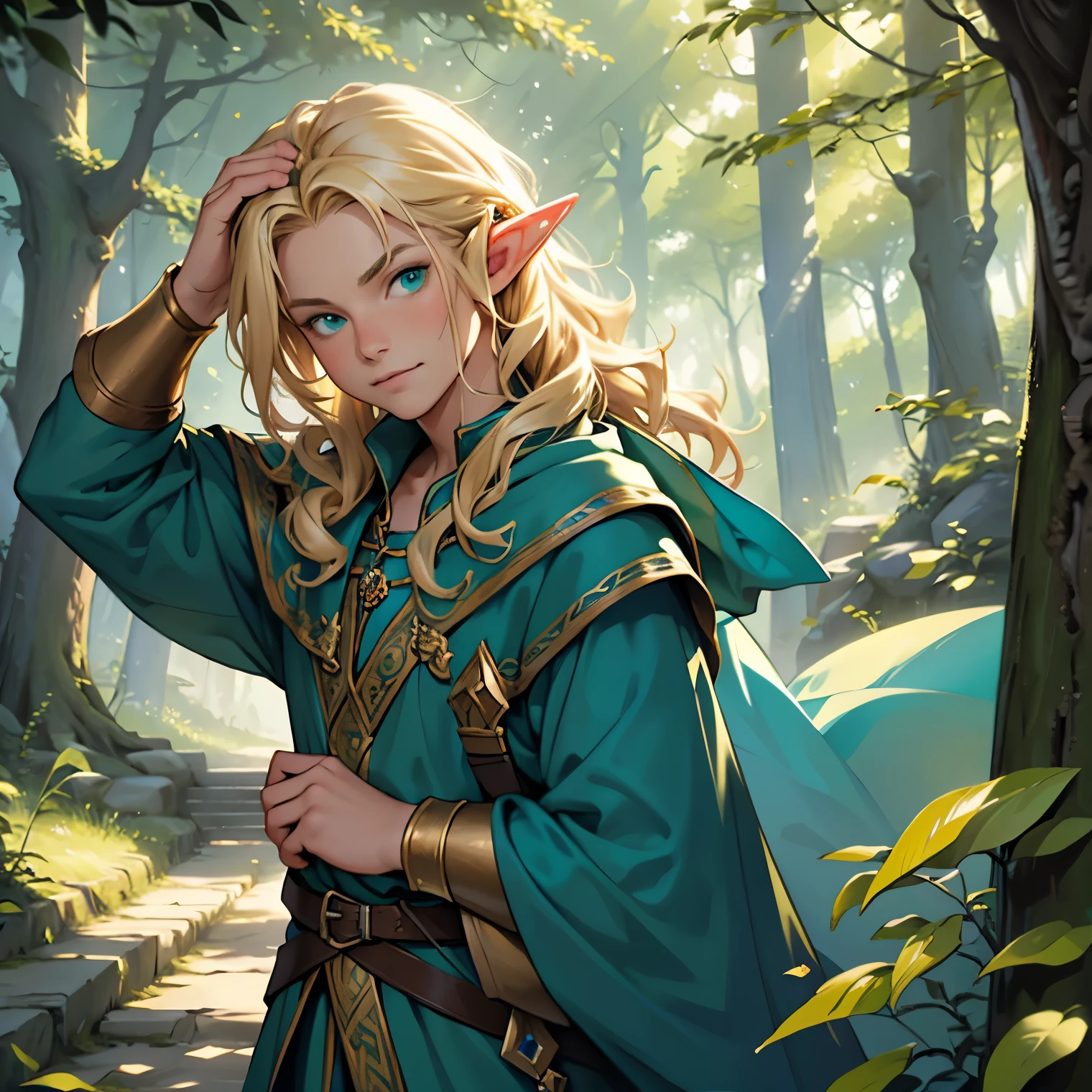 (best quality,4k,highres,masterpiece:1.2),ultra-detailed,realistic,portrait,painting,elf,boy,blonde hair,green eyes,Zane,blue cloak,male,8 years old,magical,forest background,mischievous expression,fair skin,fantasy,innocent,pointed ears,detail,whimsical,enchanted,sunlight streaming through the trees,playful,curly hair,sparkling eyes,vibrant colors,magic,adventurous,elven heritage,fantasy world,joyful,peaceful,daytime,nature,imagination,childhood,fairy tale,ethereal