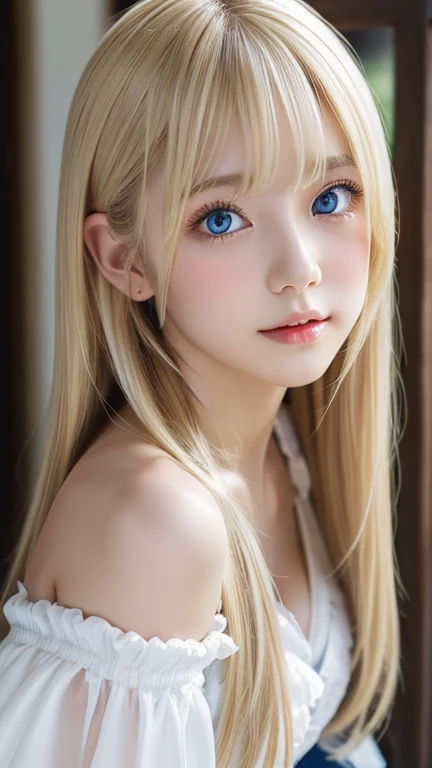 highest quality　Shining, clear, white skin、Her windblown blonde hair hides her beautiful face、huge、20 years old cute sexy little beautiful face、Beautiful straight hair that stands out、growing up, Sparkling light blue eyes、long silky bangs that cover cute eyes, Sexy and cute young woman with super long hair hiding her sexy face、Super long, natural platinum blonde shiny hair　Beautiful bangs that cover the forehead and reach the eyebrows　Beautiful chest　whole body　Lower Body　Overall image　Sensual pose　They are trying to seduce me.　A devilish look　peace sign　Cute Gothic Lolita outfit　Trying to kiss her with her beautiful lips　Sticking out her buttocks