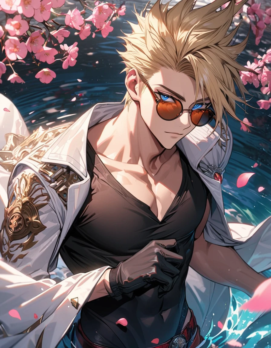 Ultra detailed, Highres, absurdres, Vash Stampede, blond hair, blue eyes, amber round sunglasses, white long coat with patterns, Trigun, pink flowers, petals, extremely handsome, sexy man, toned chest, solo, very detailed eyes and face, black gloves, water, pink butterflies, black tight t-shirt,