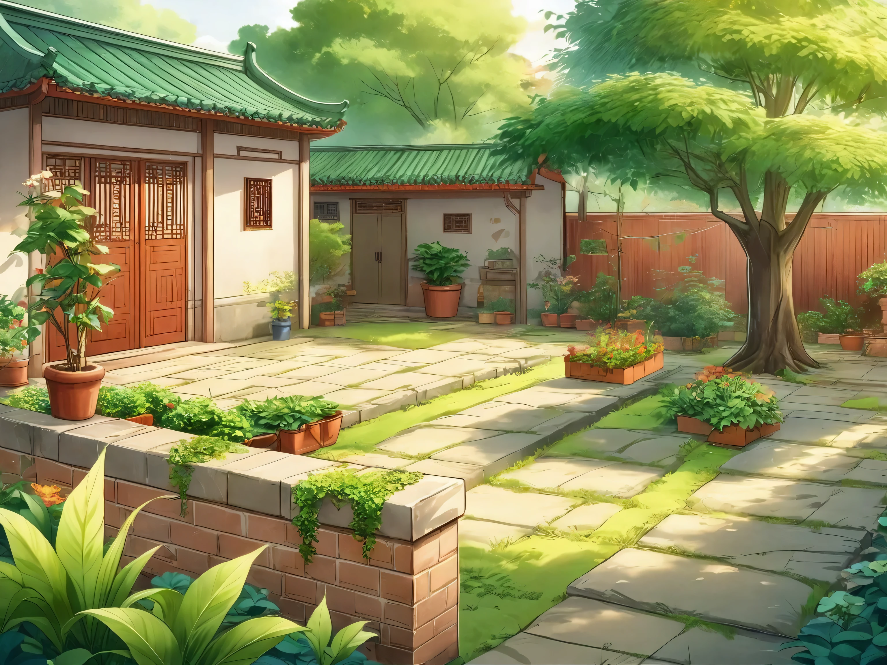 Anime Landscape of a courtyard with a house and trees, anime background technology, background technology, Anime Background, background technologywork, beautiful Anime Landscape, Landscape Artwork, Detailed scenery —width 672, Anime Landscape, Anime Landscape concept art, Garden Background, Realistic Garden, anime rural scenery, In the anime painter studio, House background, Produced in collaboration with Anime Painter Studio
