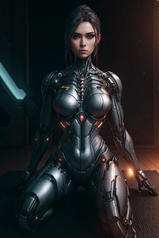 a close up of a person in a body suit sitting on a yoga mat, a cyborg meditating, unreal engine render + a goddess, 3 d render character art 8 k, perfect anime cyborg woman, beutiful girl cyborg, cyborg girl, square enix cinematic art, cute cyborg girl, zen meditation cyberpunk, unreal engine character art, biblical female android, battle angel