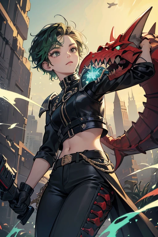 Kid Spikes is a light green with long eyelashes and black eyes. She wears a light brown spiked helmet, a black shirt with a fish skeleton design on the front, spiked gray shoulder pads, dark blue pants, and black and red dual-toned spike-soled boots with white laces. The spikes on her helmet, shoulder pads, and boots appear to be quite sharp. SPARKLE; GLITTER
