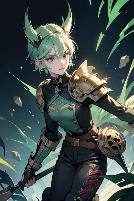 Kid Spikes is a light green with long eyelashes and black eyes. She wears a light brown spiked helmet, a black shirt with a fish skeleton design on the front, spiked gray shoulder pads, dark blue pants, and black and red dual-toned spike-soled boots with white laces. The spikes on her helmet, shoulder pads, and boots appear to be quite sharp. SPARKLE; GLITTER