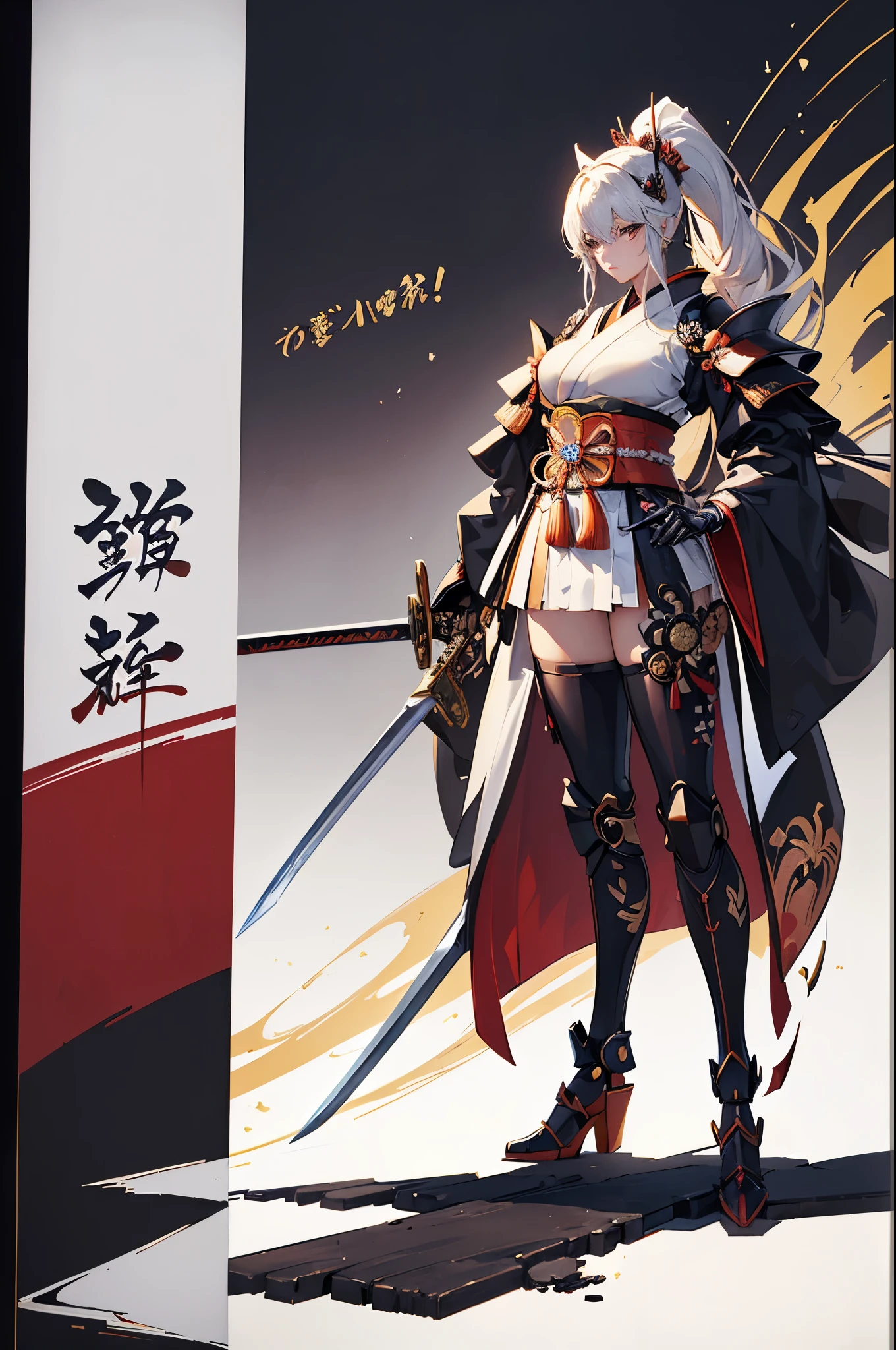 (Dynamic pose:1.2)、Beautiful woman,((head shot:1.3))、(((samurai kimono)))、 (((Mechanical Samurai、Machinery Armor))), ((Perfect figure, Beautiful Face, Beautiful Face, Ponytail Hairstyles, Beautiful Skin, Very detailed髪, The finer details)), (((Cinema Lighting, Beautiful lighting effects, Creative Design, Full Body Frame, Divine Aura, hard Harmony , Perfect color change, Perfect contrast balance, Perfect color layers, Perfectly smooth color bleeding, Soft Rendering, smooth color strokes, Optical Lenses, Soft colors, Smooth color blending, Perfect color expression, Harmony, perfect color Harmony, Beautiful colors, soft Harmony, Particles of light, Perfect detail, Intricate details, color prism, The finer details, The finer details))), super high quality, Very detailed,Perfect drawing,alone, beautiful girl, masterpiece, (mecha musume), Machinery Armor, headgear, Mechanical Wing, brandishing a sword、Samurai with a huge gun, Black ponytail, Her hair is tied with a big red ribbon, Equipped with two Japanese swords ((extra large cool samurai_Sword in hand, Huge and cool weapon machine)), Open Stance, Action pose,purgatory , ((highest quality))),8k,((masterpiece)),(Very sophisticated and beautiful)