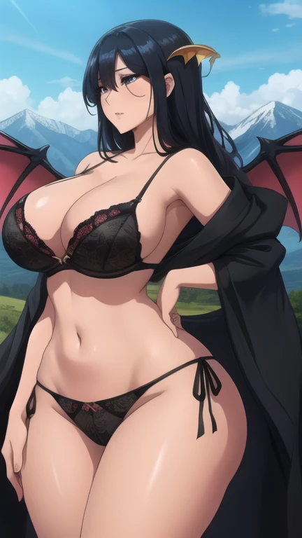 black dragon, beautiful, female, woman, lingerie, wings, mountains background, DonMV01dfm4g1c3XL, AddXL, DonMF41ryW1ng5XL