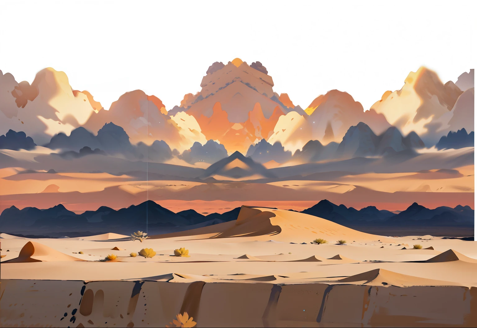 there is a photo of a desert with a mountain in the background, deserto plano, fantasia de deserto de areia, pouco detalhado. pintura digital, desert composition, Fundo do deserto, deserto legal, Desert of Distortion, paisagem do deserto, em um vasto deserto sereno, deserto scenery, ambiente de areia e deserto, Deserto ao fundo, em algum lugar nas areias do deserto, Symmetrical fantasy landscape