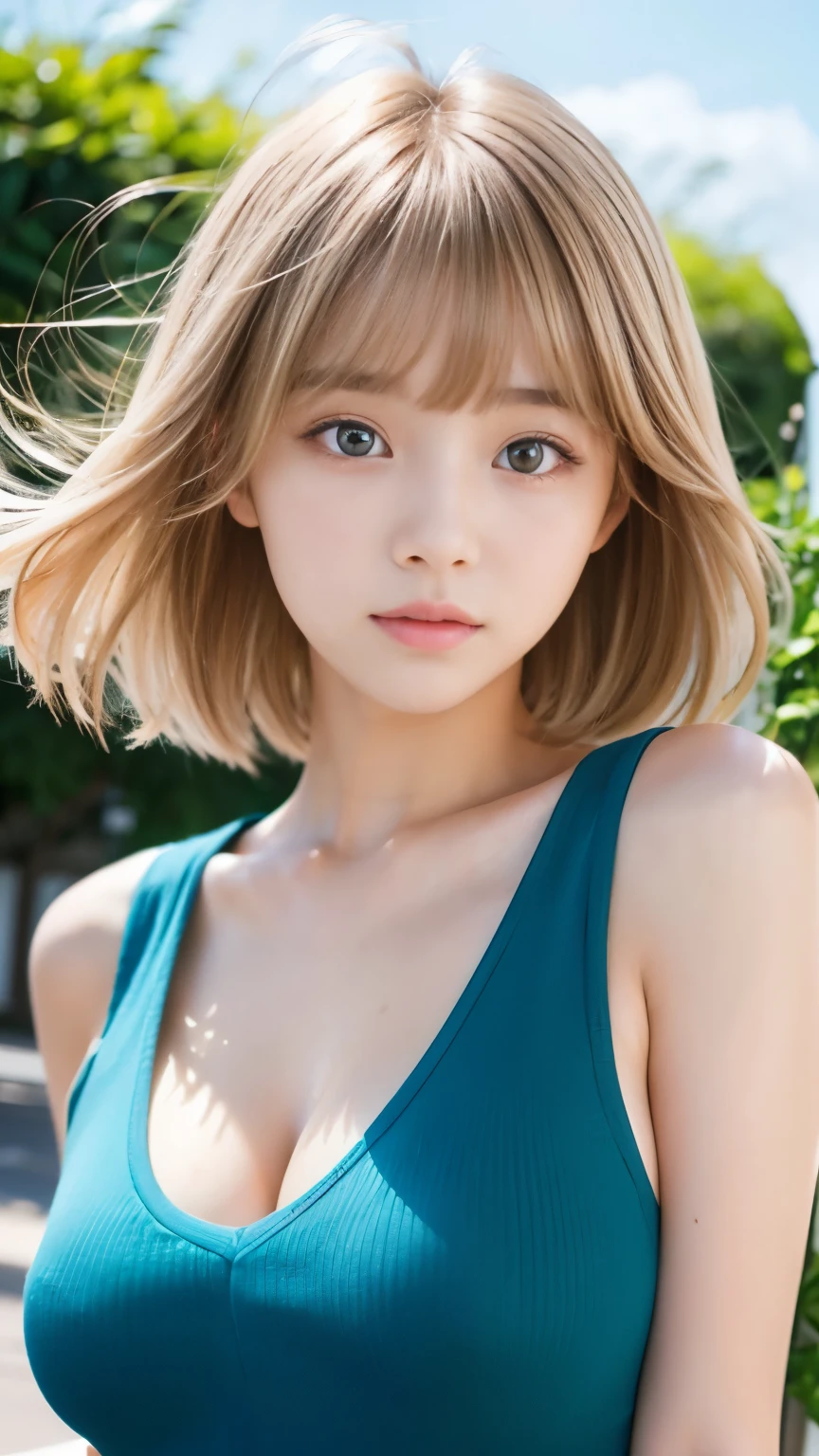 Sexy big 、Sexy cute looks and cute beautiful girl, Beautiful and sexy face、A strong wind blows my hair in front of my face、With short blonde hair、Beautiful, cute and sexy eyes hidden behind long bangs。