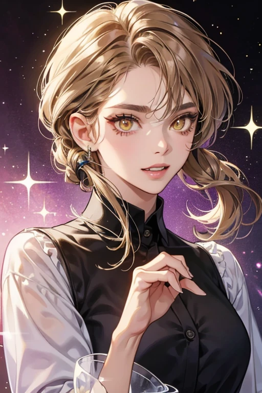She is light brown . She has yellow eyes with black eyelashes and sharp, pointy teeth. She also wears a lavender shirt. SPARKLE; GLITTER