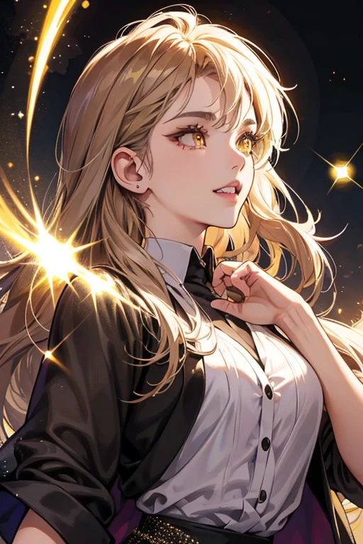 She is light brown . She has yellow eyes with black eyelashes and sharp, pointy teeth. She also wears a lavender shirt. SPARKLE; GLITTER