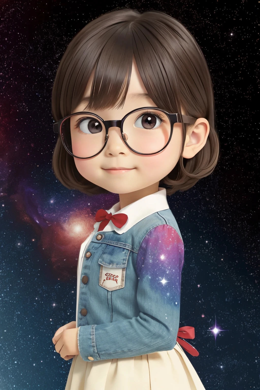 Chibi girl teaching cosmology、red glasses、Galaxy painting on background