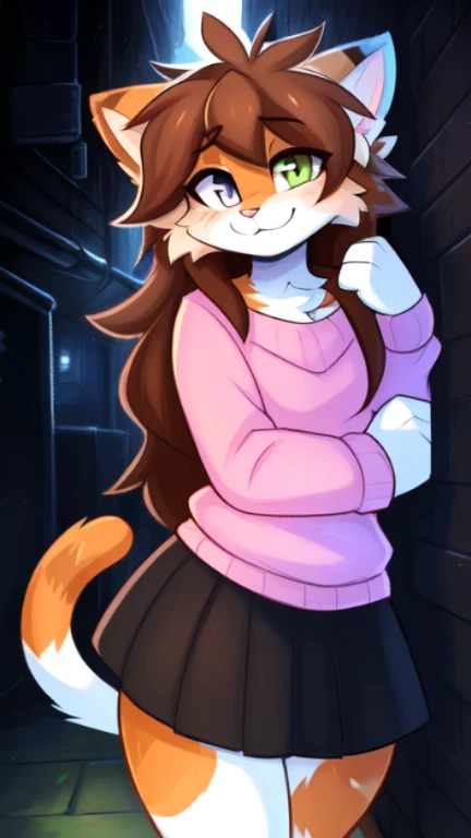 uploaded E621, beautiful and detailed portrait of a woman (((female))) anthro cat, Zackary911, kenket, uploaded to E621, by kilinah, (coffeesoda:1.1), hioshiru, kilinah, lighting Zenematic, seductive, bl, cat, thighighs, big chest, full body, beautiful, messy hair, brown hair, white eyes, thicc, solo, standing, long hair, 2-tone hair ((orange | black)), cat ears, Totora, Totora, Thighighs, Calico cat, Heterochromia ((green | blue)), pink sweater, black skirt, dark alley