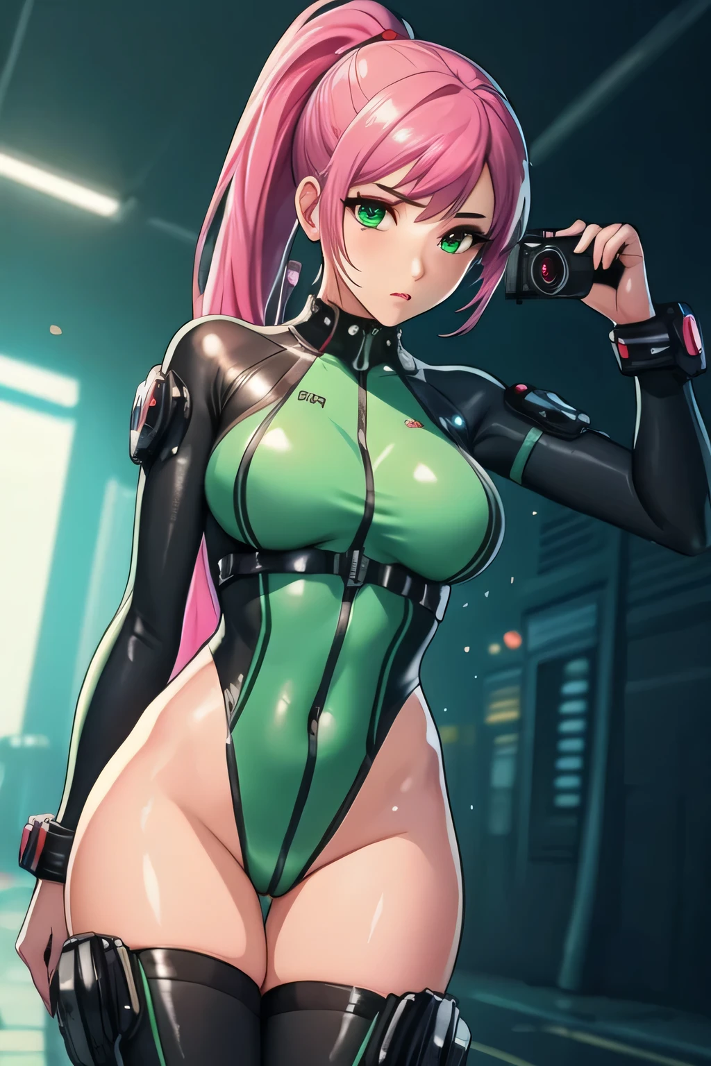 1 girl, 19 years old, Long pink hair, green eyes with slit pupils, Sexy scifi girl,dynamic sexy action pose, holding submachine gun, ponytail, shinny skin-tight white and green bodysuit, cyberpunk,  Amateur Photographer, subsurface scattering, film grain, very detailed skin texture, high quality, 35mm photograph, film grain, bokeh, professional, 4k, highly detailed,  