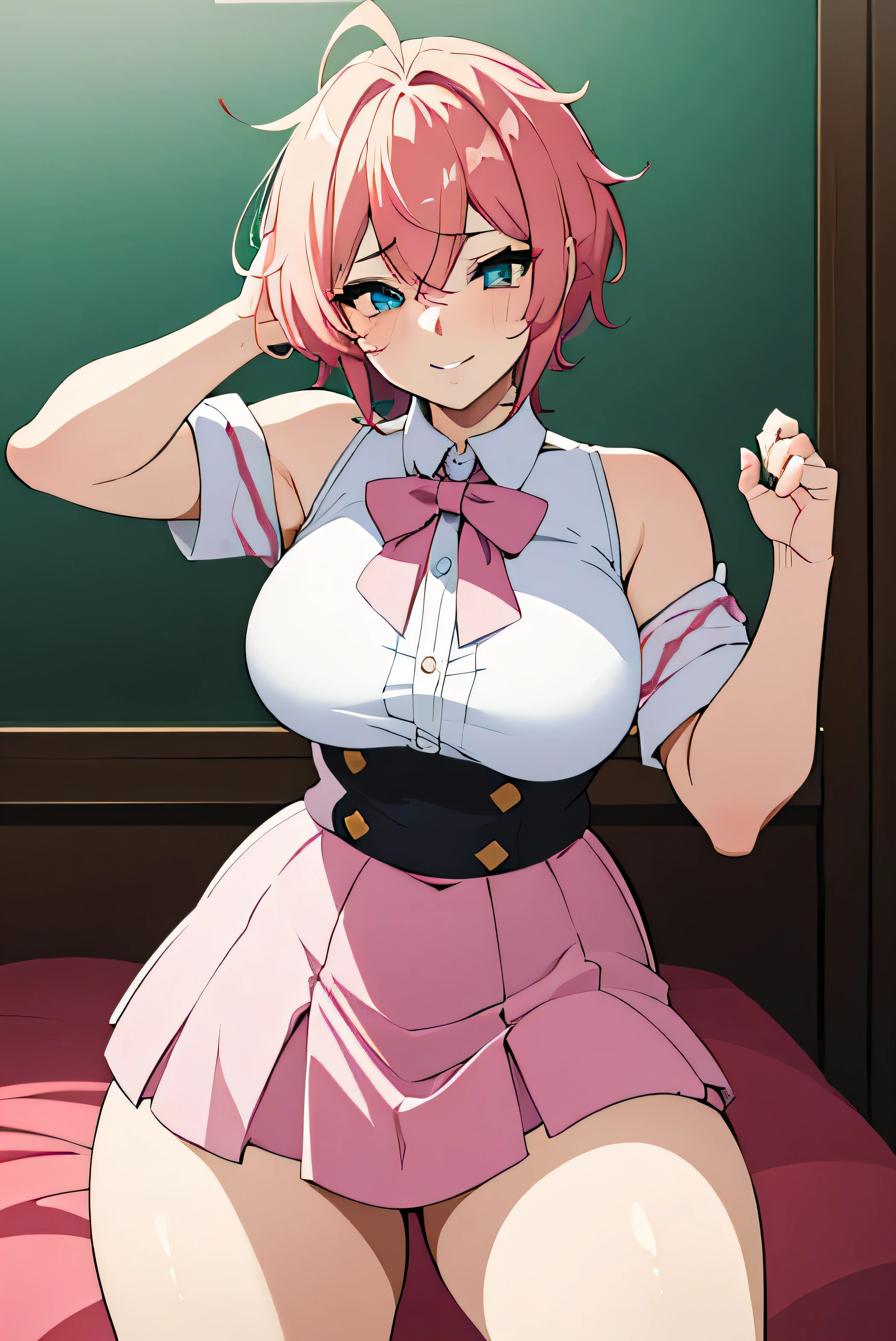there is a cartoon picture of feminine boy with short pink hair, anime moe artstyle, 1 7 - year - old anime, in an anime style, demon femboy, flat anime style, cute, crossdresser, lewd body, curvy, school girl uniform, doing a sexy pose, big breasts