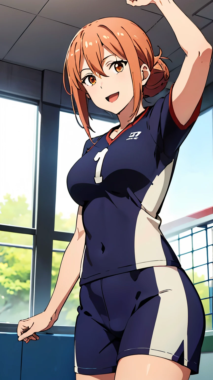 (Top quality, 8K, Masterpiece: 1.2), anime art style, Super detailed, Illustration, Yuigahama Yui's mother, 30's body, large medium breasts, adult, Mature look, orange eyes, open mouth, smile, between the eyes, 1 girl, bun hair , shiny hair, focus only, looking at the viewer, alone,(volleyball attire, gymnasium),from below, stylish pose, stylish angle, in the center of the image, cowboy shot