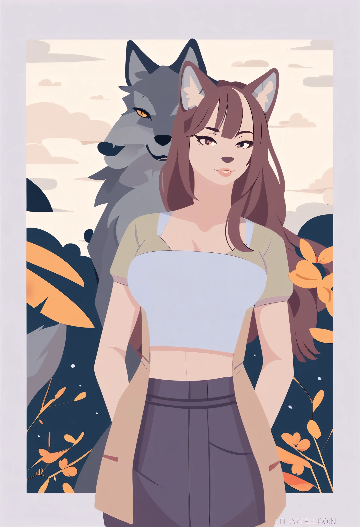 1girl and wolf, flat Design,